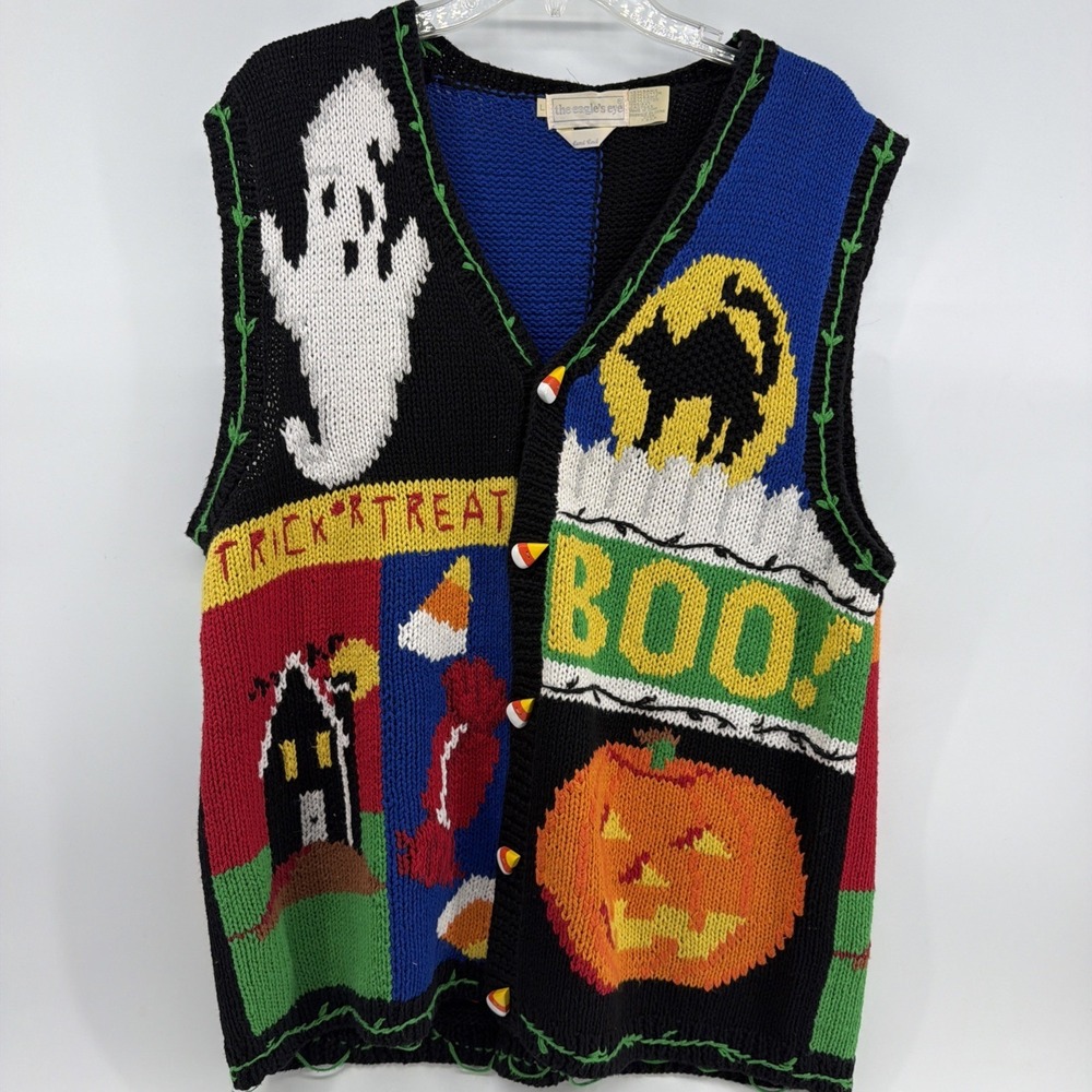 VTG The Eagles Eye Halloween Candy Corn Ghost Pumpkin HandKnit Sweater Vest L 90